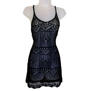 New XS Black Knit Crochet Swimsuit Cover Up Mini Dress Slit Beach Sarong Kaftan‎